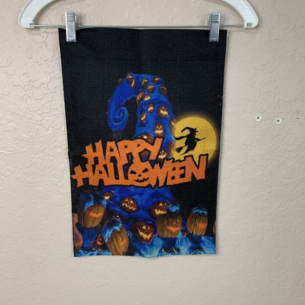 Halloween Garden Flag 18 x12 Inches Pumpkins Witch Full Moon Burlap Festive